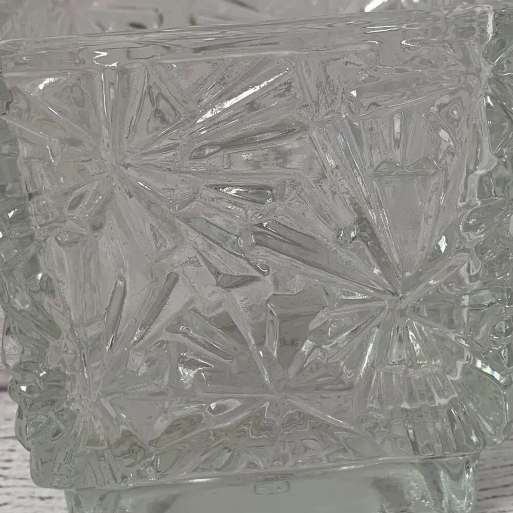 Vintage Avon Square Crystal Glass Candle Holder Diamond Cut Snowflake 3 3/4